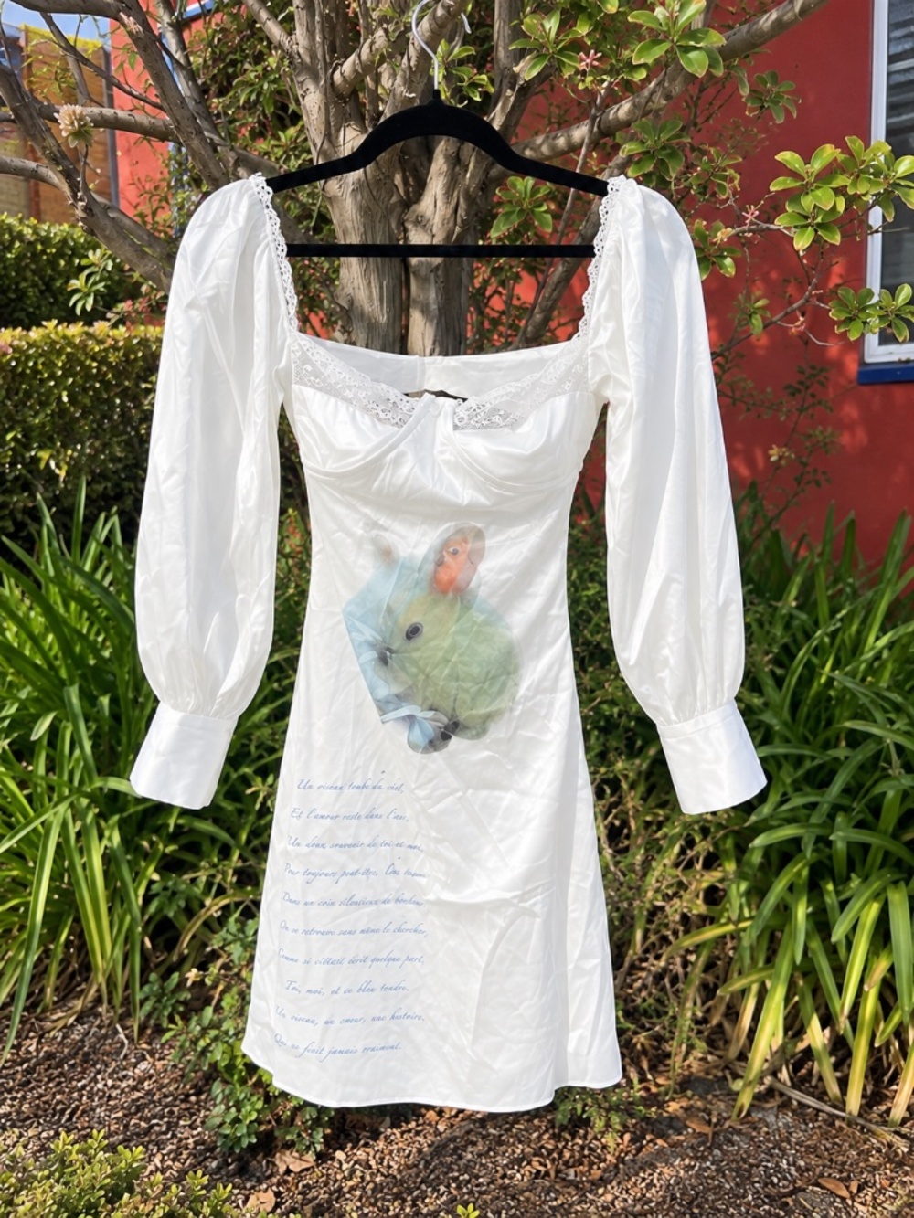 Serpenti White Bunny Print Lace Trim Puff Sleeve Mini Dress